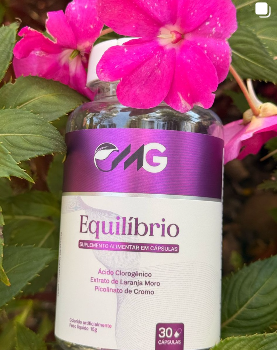 Frasco GMG Equilíbrio com 30 cápsulas, contendo ácido clorogênico, extrato de laranja moro e picolinato de cromo